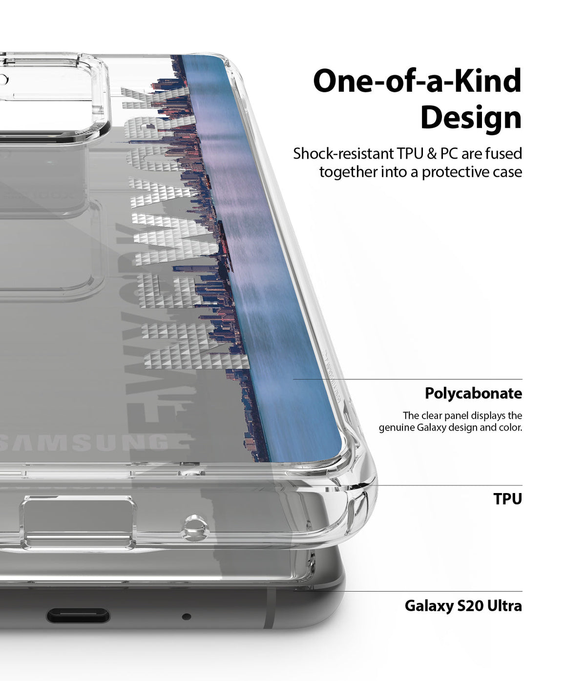 Galaxy S20 Ultra Case | Fusion Design - Clear protective case with New York skyline graphic on a Galaxy S20 Ultra phone.