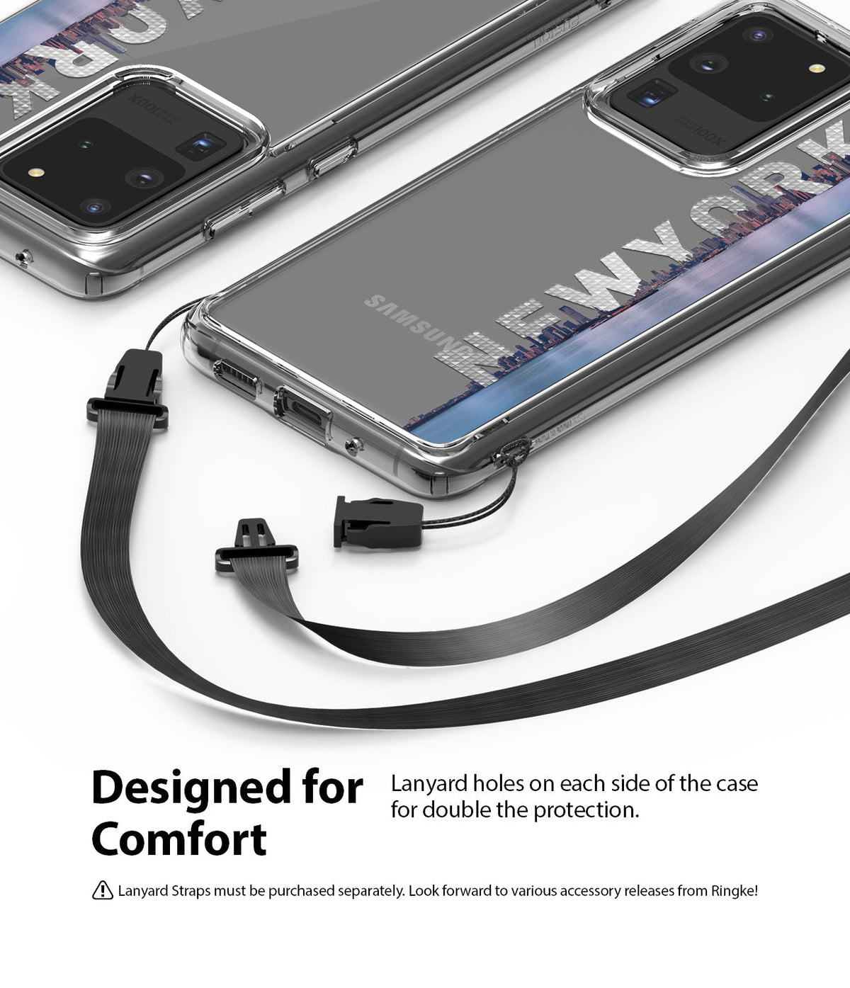 Galaxy S20 Ultra Case | Fusion Design - Clear phone case with New York skyline graphic and dual lanyard attachment points.