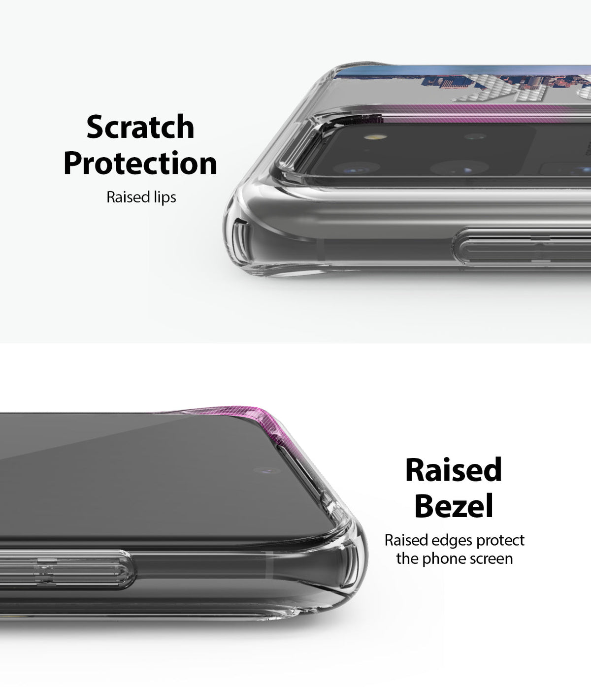 Galaxy S20 Ultra Case | Fusion Design - Close-up of clear phone case showing raised lips for camera and screen protection.