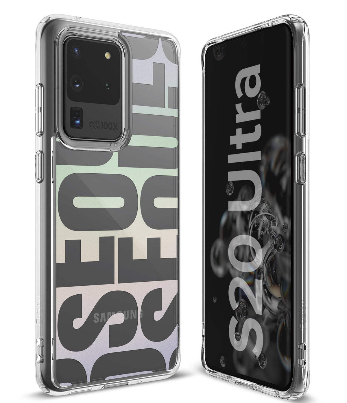 Galaxy S20 Ultra Case | Fusion Design - Clear phone case with large Seoul typography over a pastel gradient back.