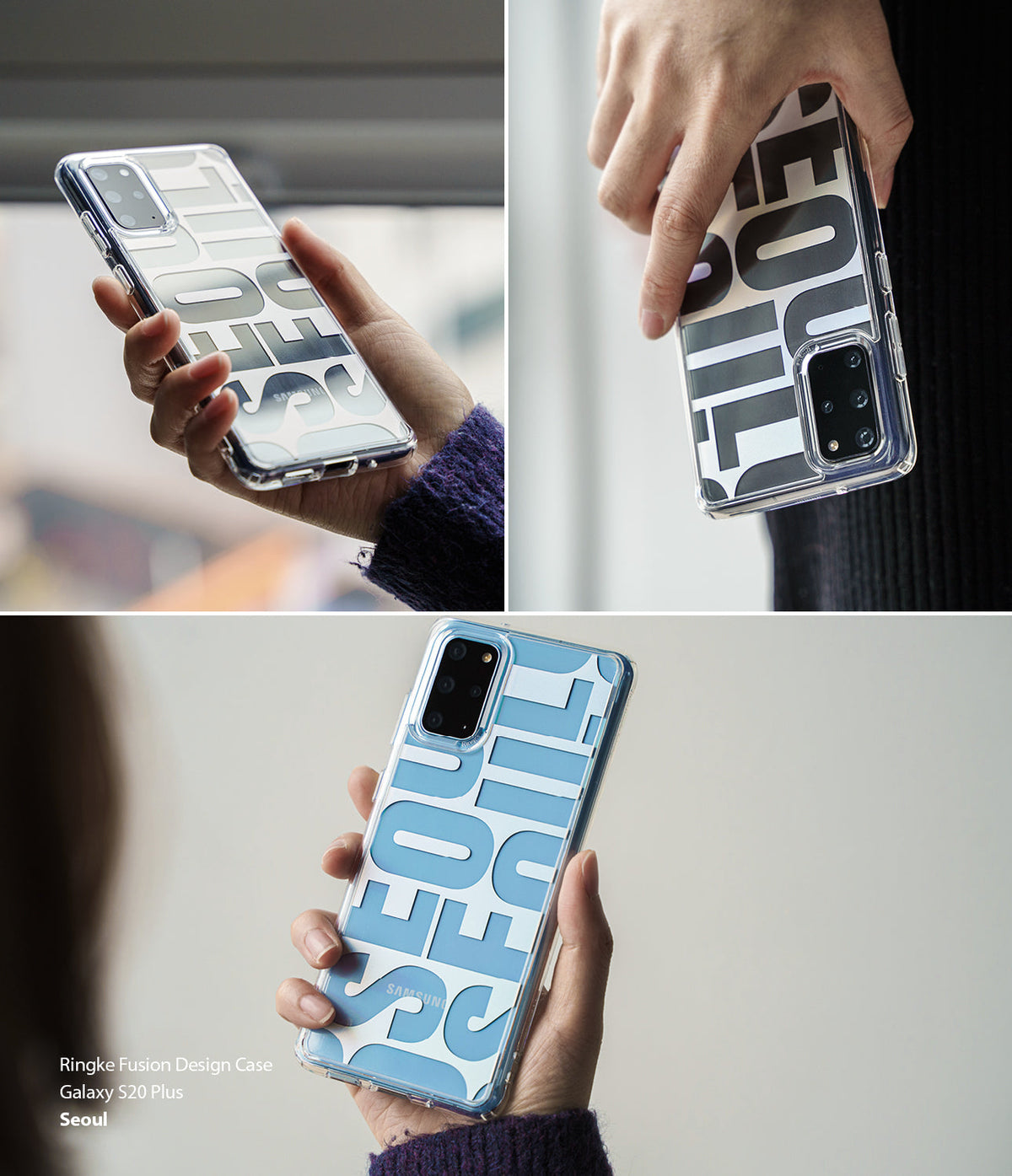 Galaxy S20 Plus Case | Fusion Design - Hands holding a clear phone case with a bold, blue and white Seoul typography print.