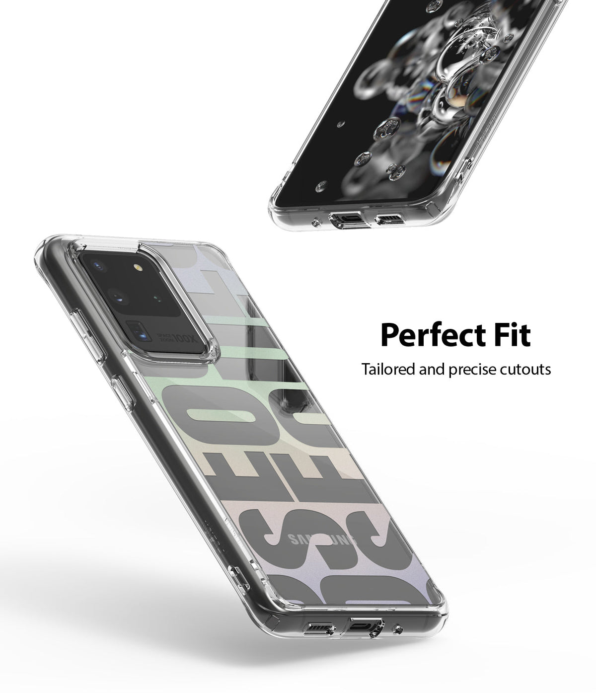 Galaxy S20 Ultra Case | Fusion Design - Clear phone case with precise cutouts shown from front and back angles.