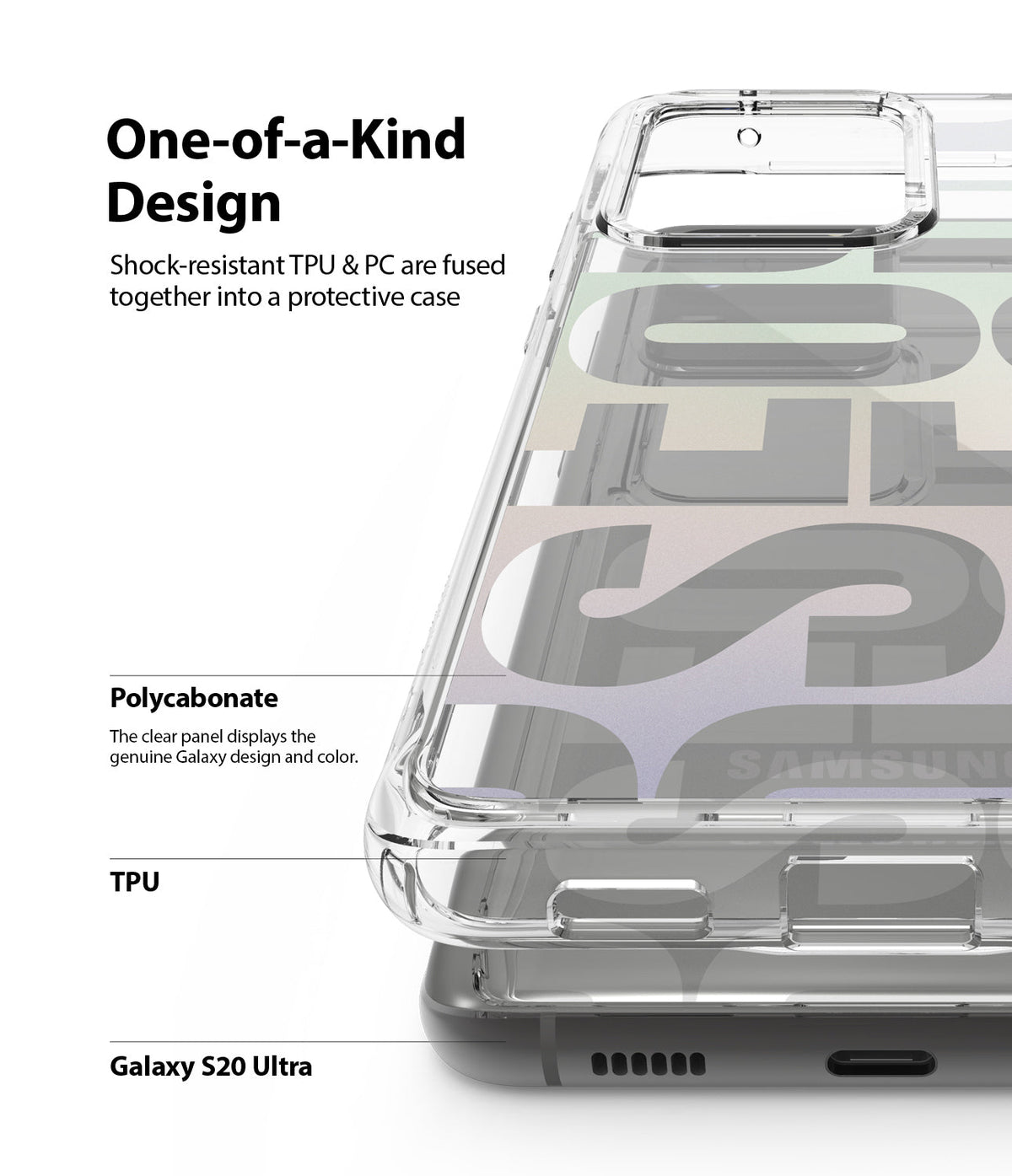 Galaxy S20 Ultra Case | Fusion Design - Clear protective phone case showing TPU bumper and polycarbonate back panel.