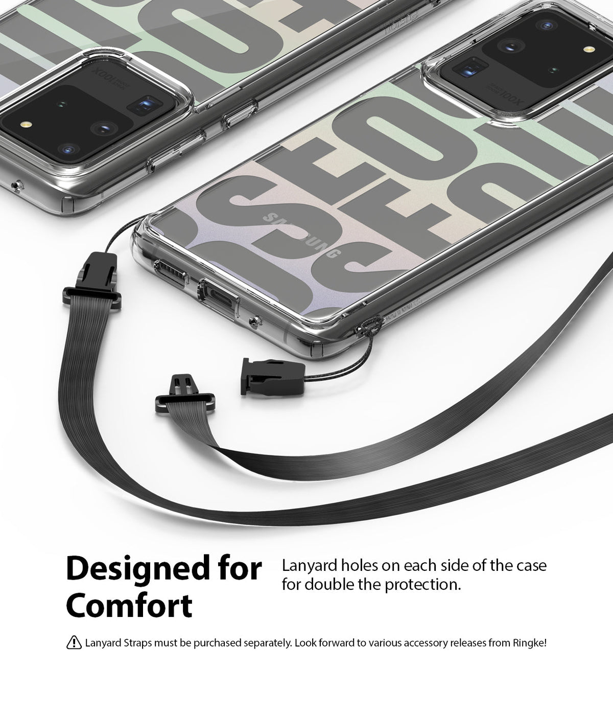 Galaxy S20 Ultra Case | Fusion Design - Clear phone cases with dual side lanyard attachment points and black straps.