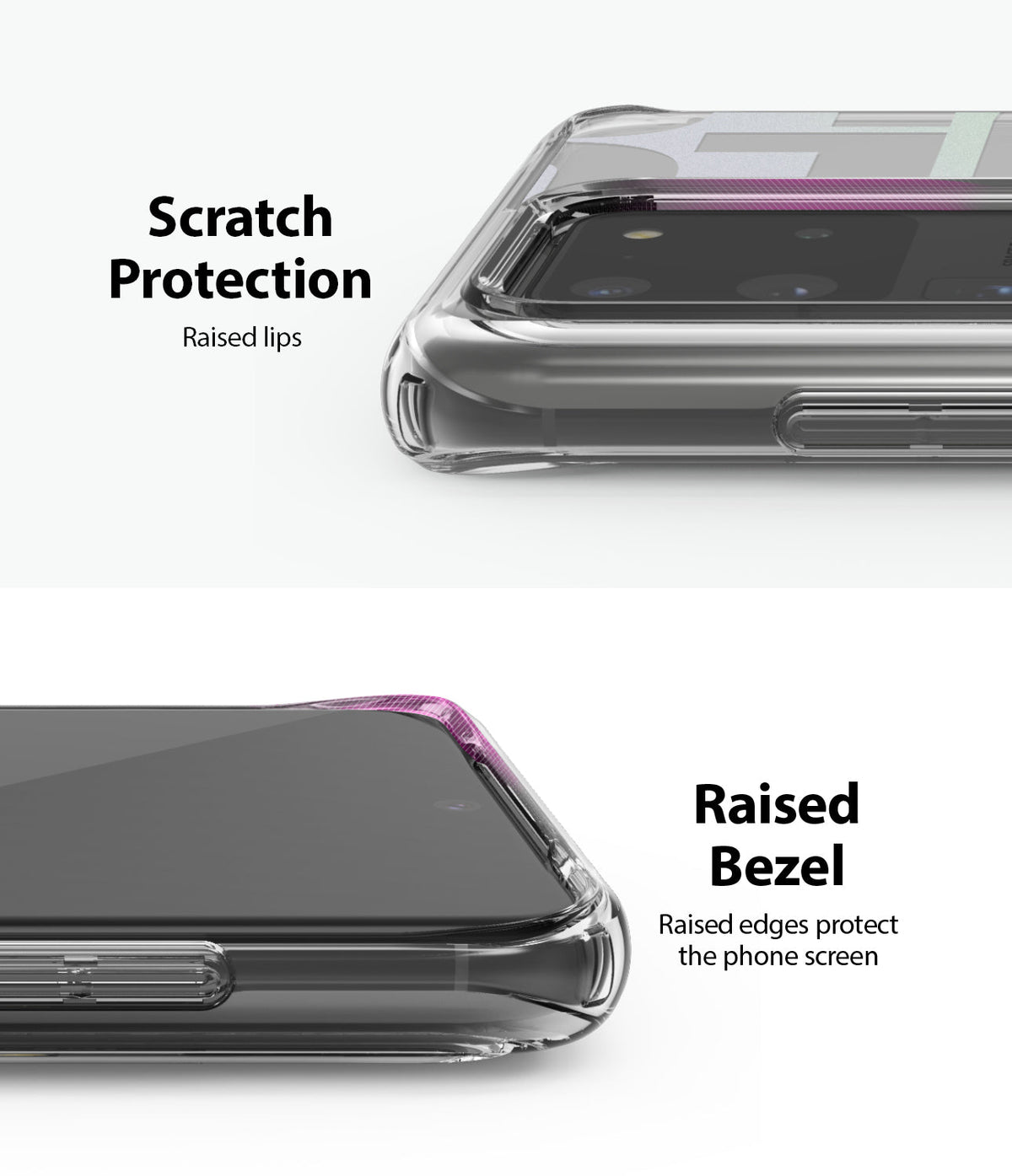 Galaxy S20 Ultra Case | Fusion Design - Clear phone case showing raised lips and bezels for screen and camera protection.