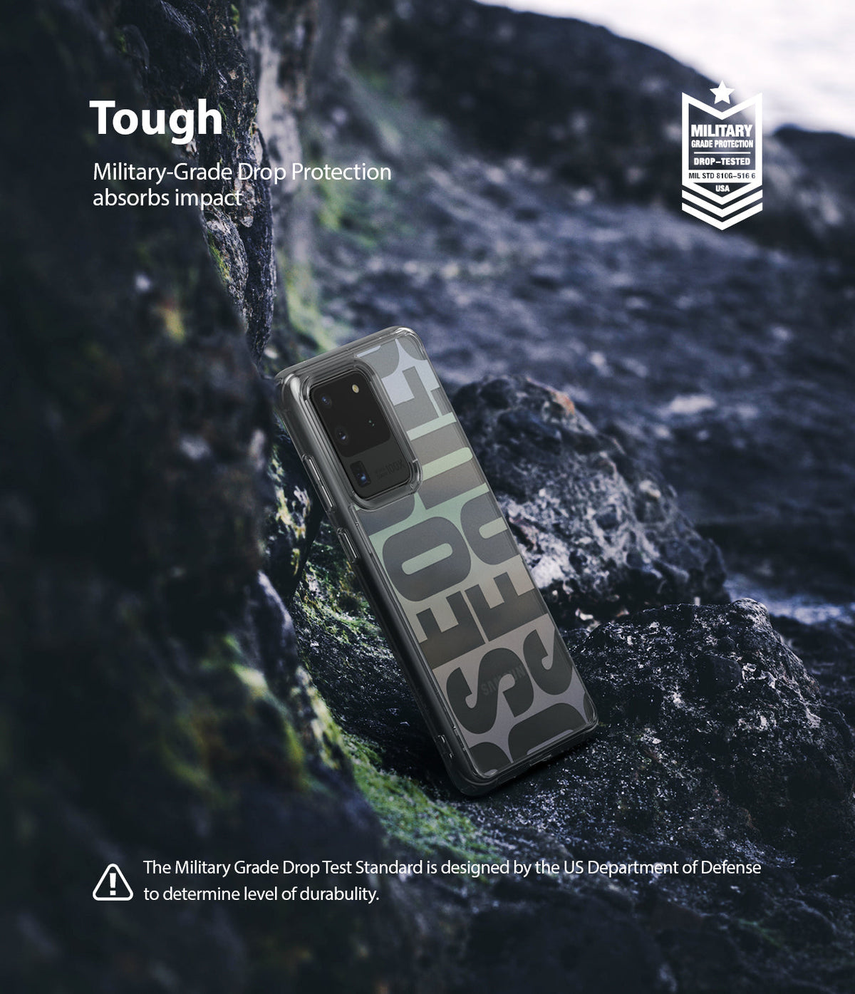 Galaxy S20 Ultra Case | Fusion Design - Camouflage phone case on rocky terrain with military-grade protection badge.