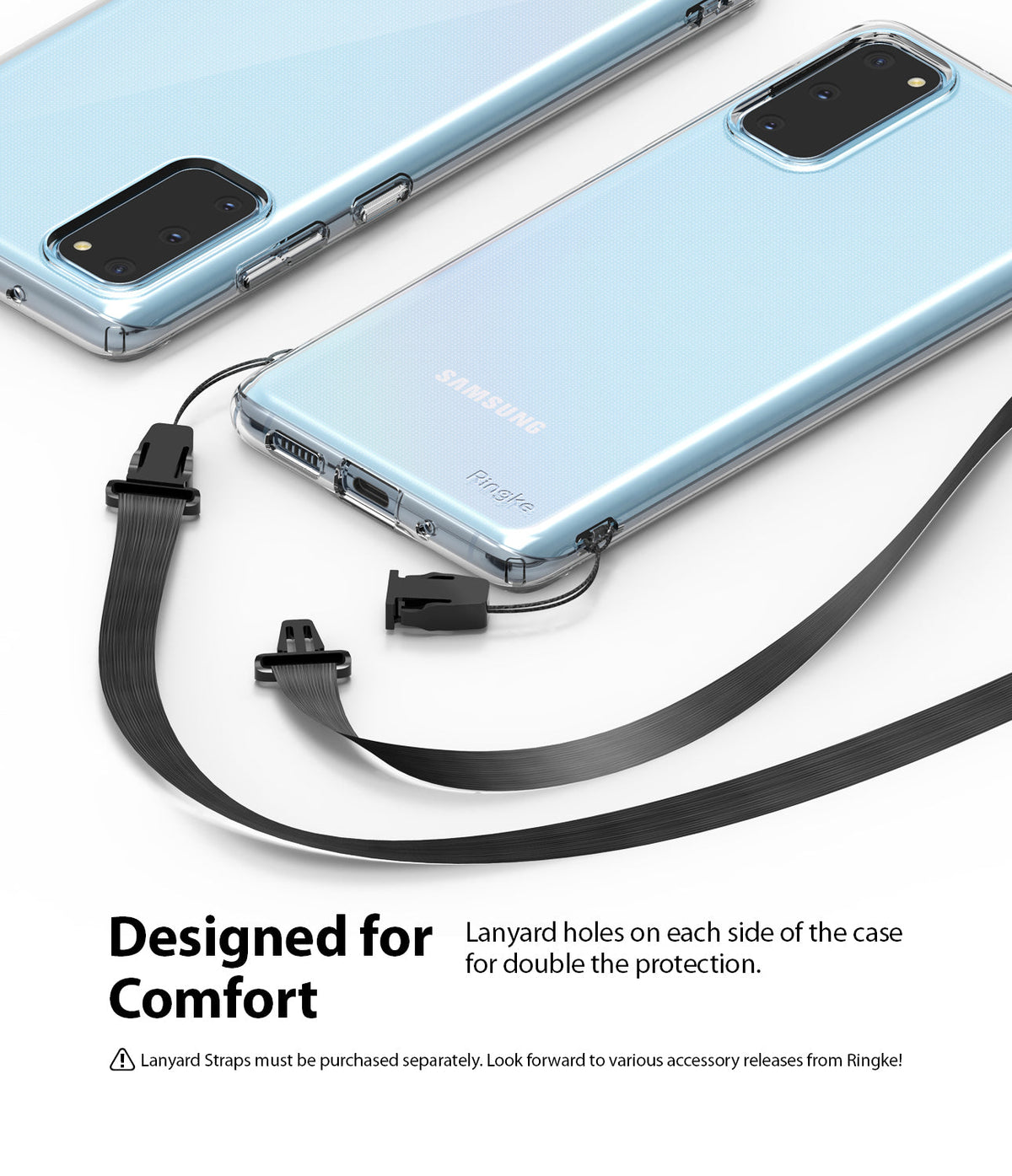 Galaxy S20 Case | Air - Clear phone case with dual lanyard attachment points and a detachable black strap.
