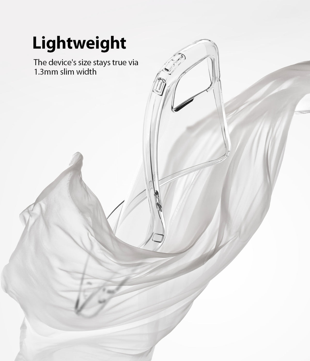 Galaxy S20 Case | Air - A clear, slim phone case floating amidst flowing white fabric with text about its lightweight design.