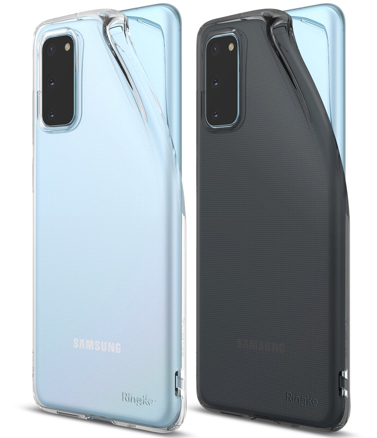 Galaxy S20 Case | Air - Two Galaxy S20 phones in clear and matte black Air cases, showing back design and camera cutouts.