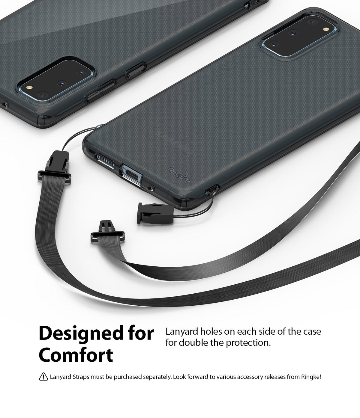 Galaxy S20 Case | Air - Translucent black phone case with dual lanyard attachment points and a detachable black strap.