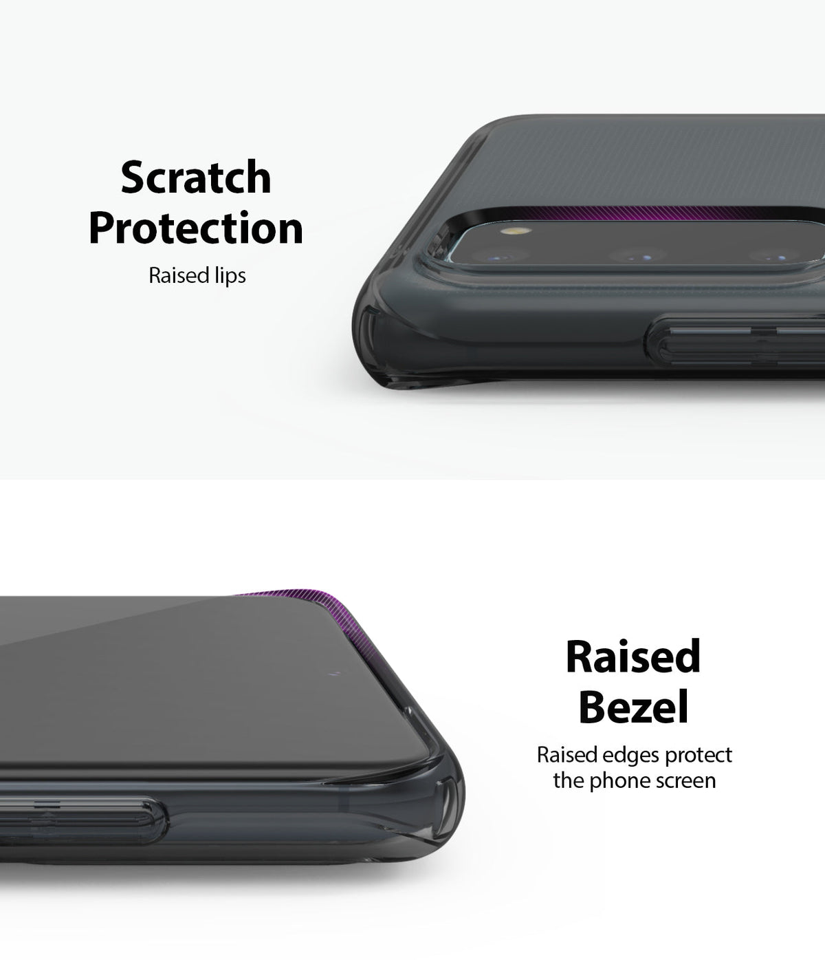 Galaxy S20 Case | Air - Close-up of phone case showing raised edges around the camera and screen for scratch protection.