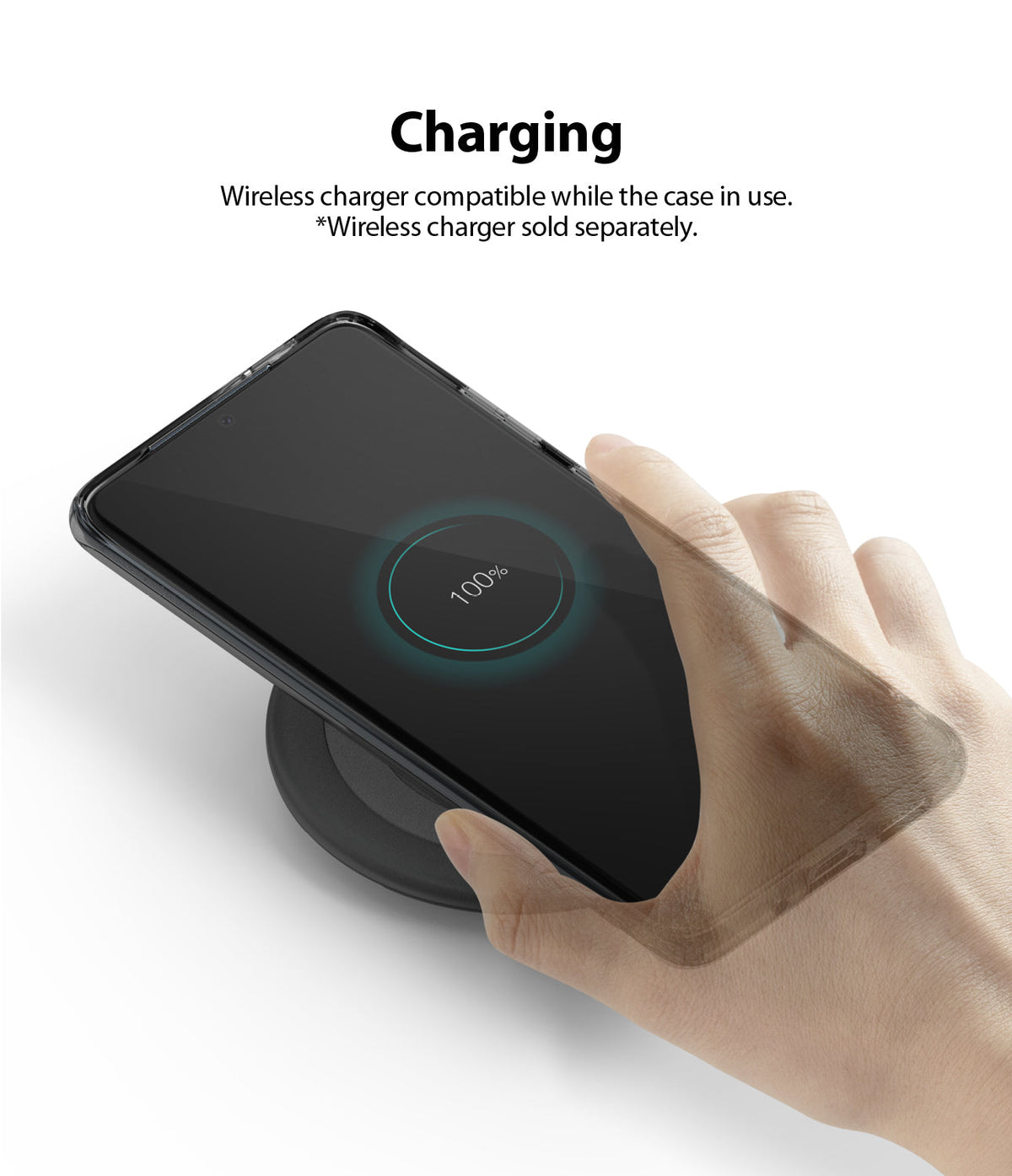 Galaxy S20 Case | Air - A hand places a Galaxy S20 in a clear case onto a wireless charging pad showing 100% battery.