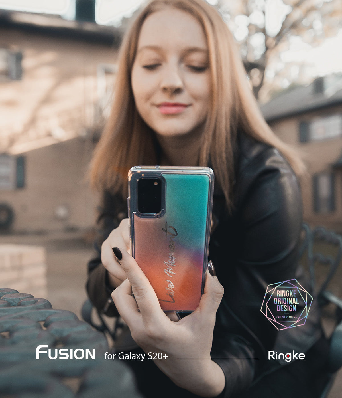 Galaxy S20 Plus Case | Fusion Design - Woman holding a phone with a gradient teal and orange case featuring text.