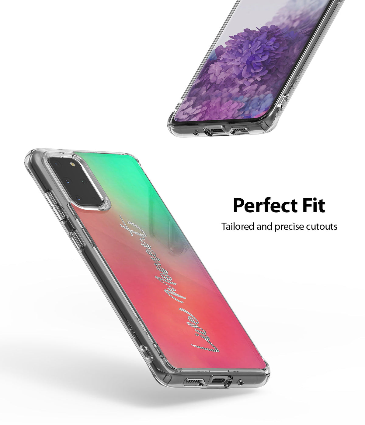 Galaxy S20 Plus Case | Fusion Design - Clear phone case with green-to-pink gradient back and precise port cutouts.