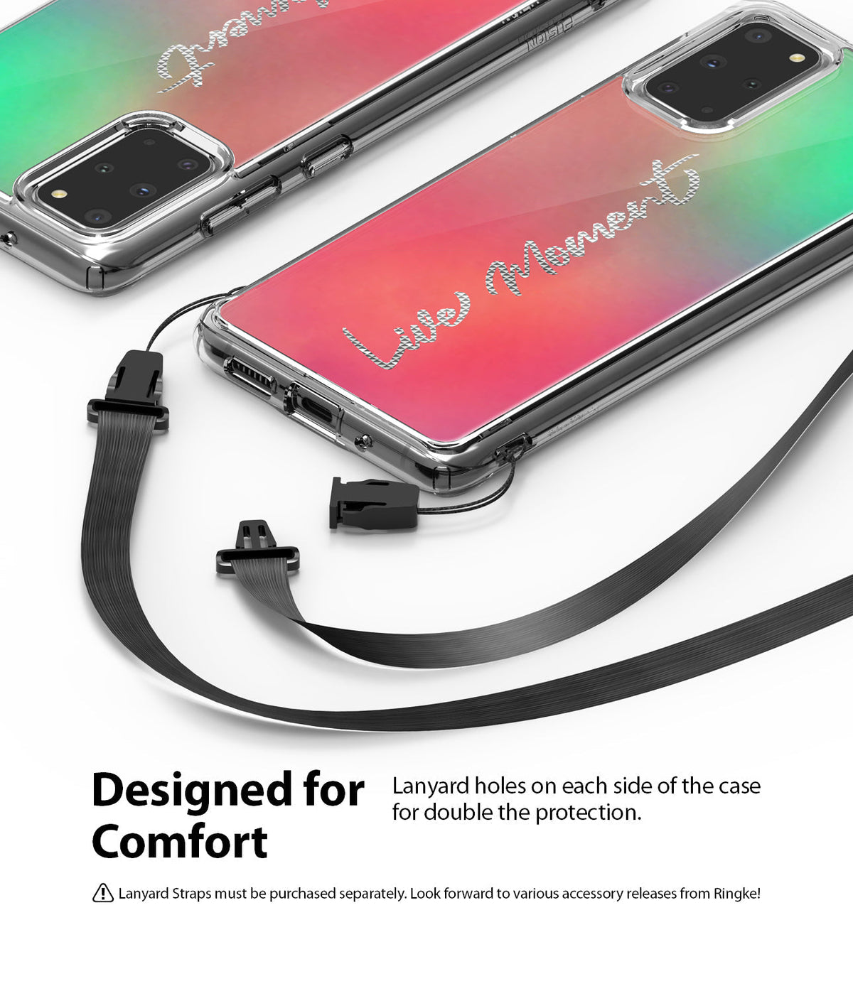 Galaxy S20 Plus Case | Fusion Design - Two clear phone cases with lanyard attachments on a white background.