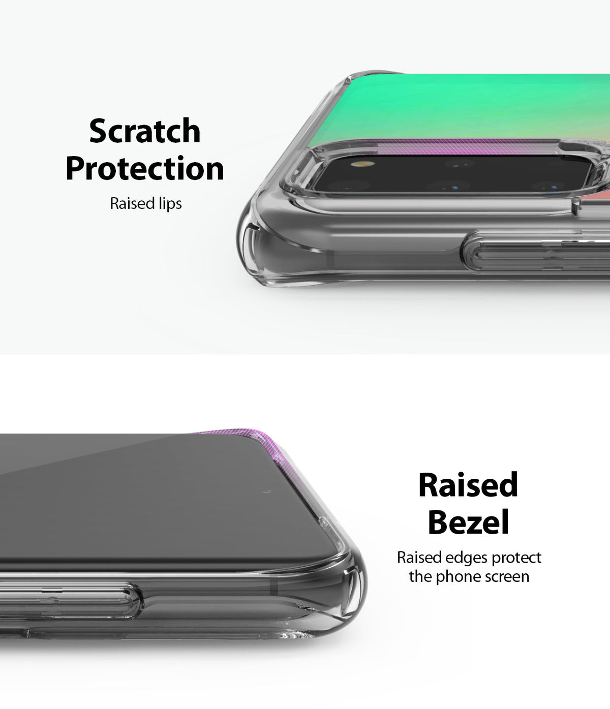 Galaxy S20 Plus Case | Fusion Design - Clear phone case showing raised lips for camera and screen scratch protection.