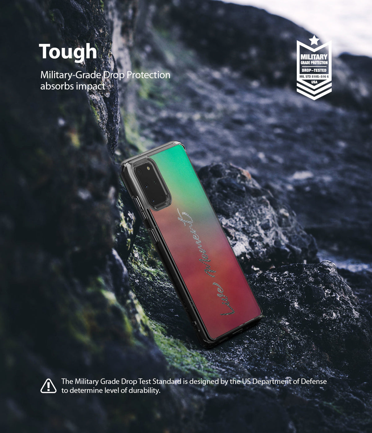 Galaxy S20 Plus Case | Fusion Design - Gradient phone case on dark rocks with military-grade drop protection text.