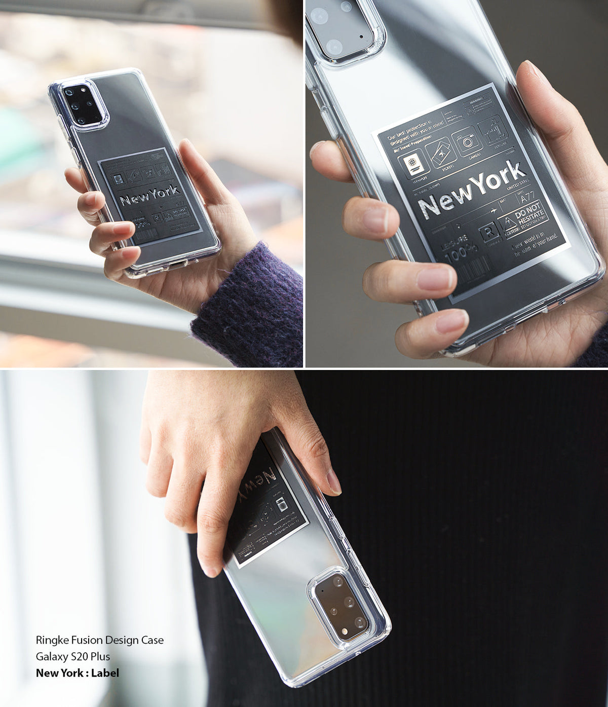 Galaxy S20 Plus Case | Fusion Design - Clear phone case featuring a New York travel-themed label graphic on the back.