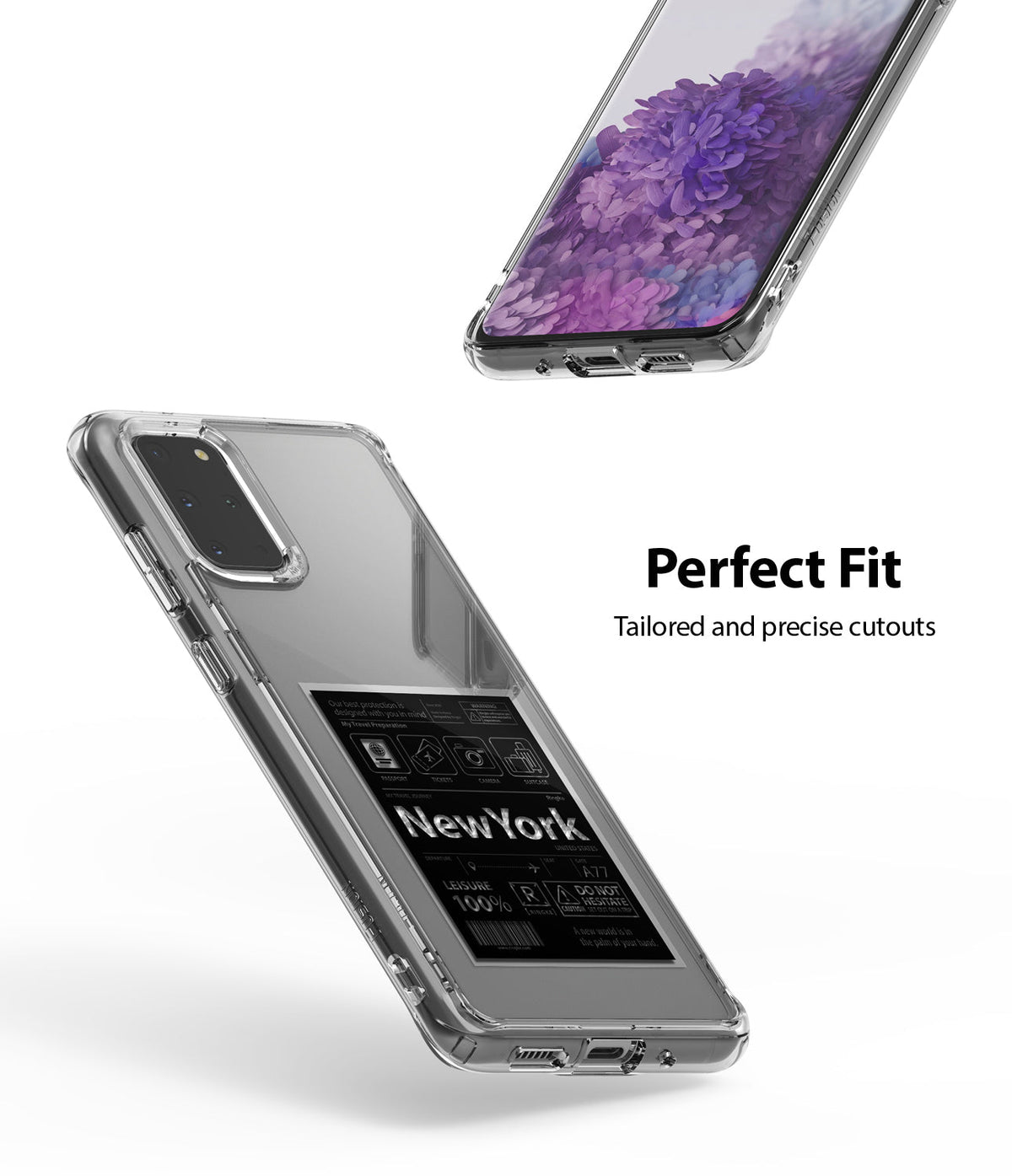 Galaxy S20 Plus Case | Fusion Design - Clear phone case on a Galaxy S20 Plus showing precise cutouts and a New York insert.