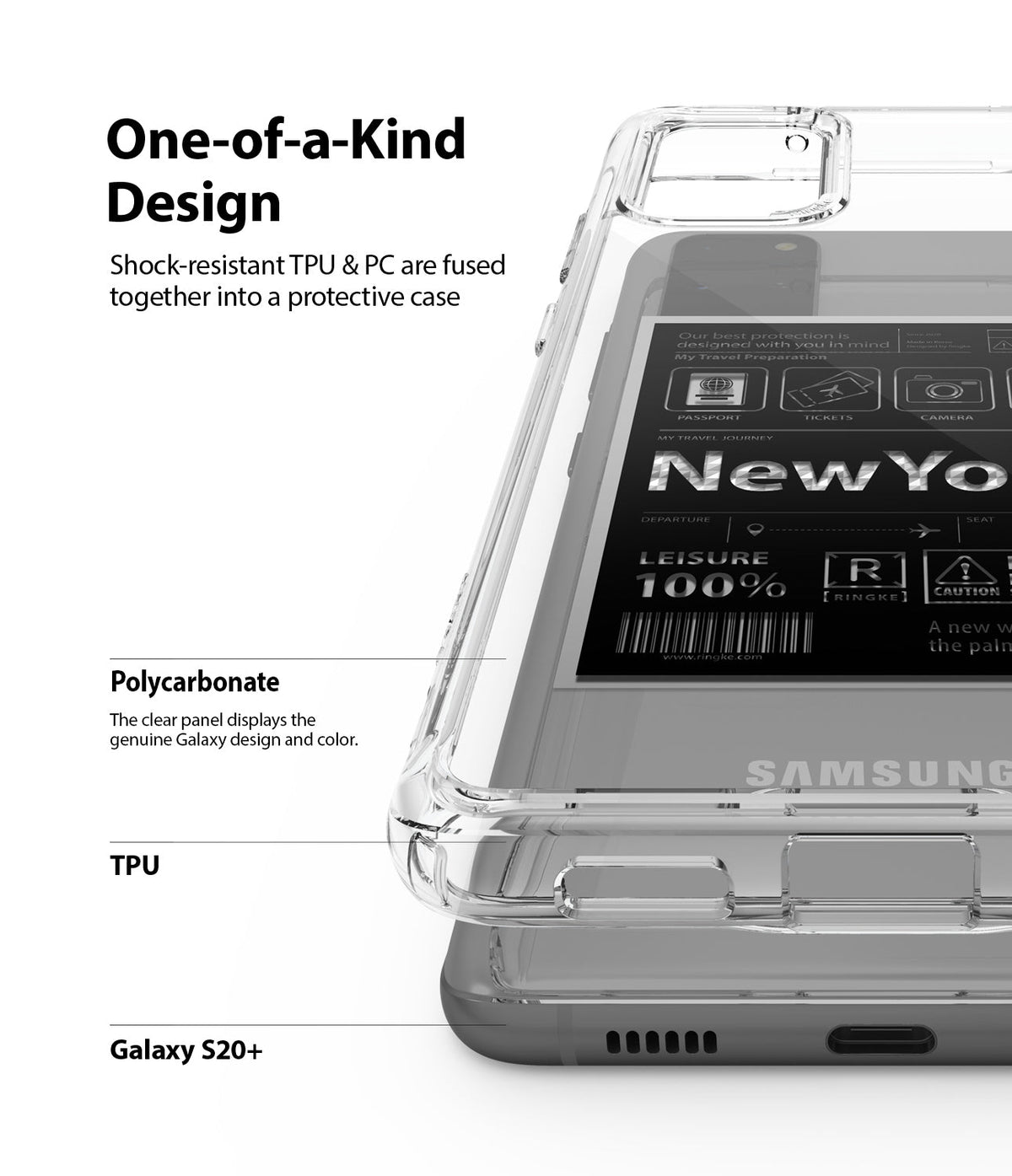 Galaxy S20 Plus Case | Fusion Design - Clear protective phone case showing TPU and polycarbonate layers on a Galaxy S20+.