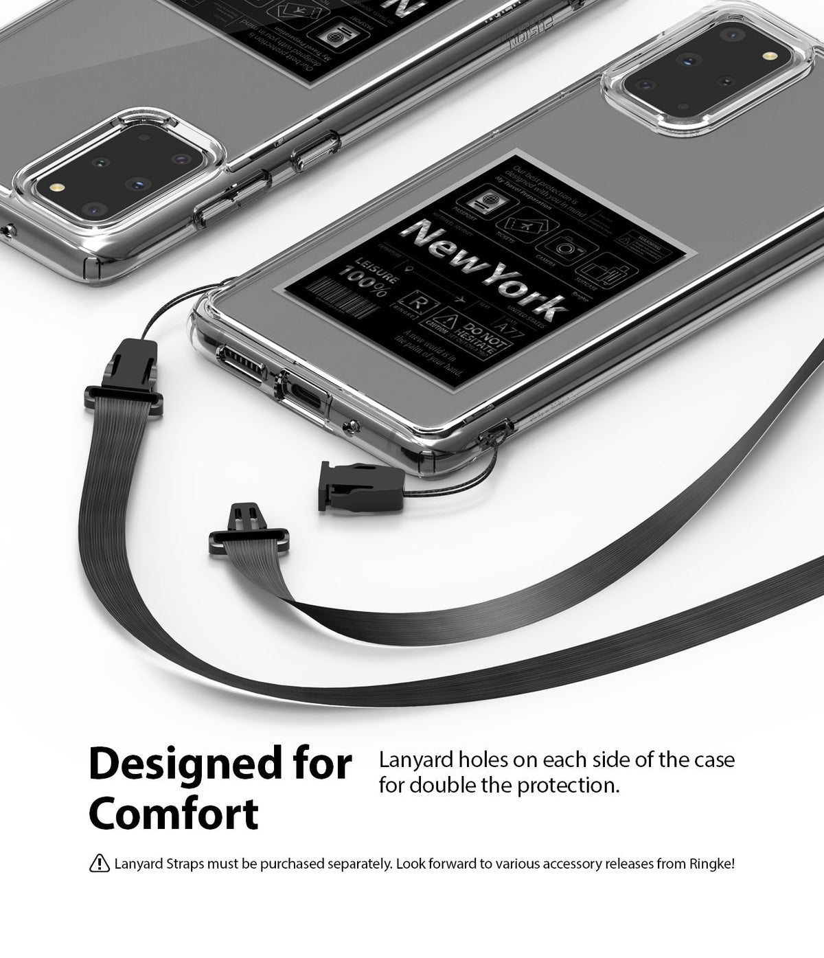 Galaxy S20 Plus Case | Fusion Design - Clear phone cases with New York travel-themed inserts and detachable black lanyards.