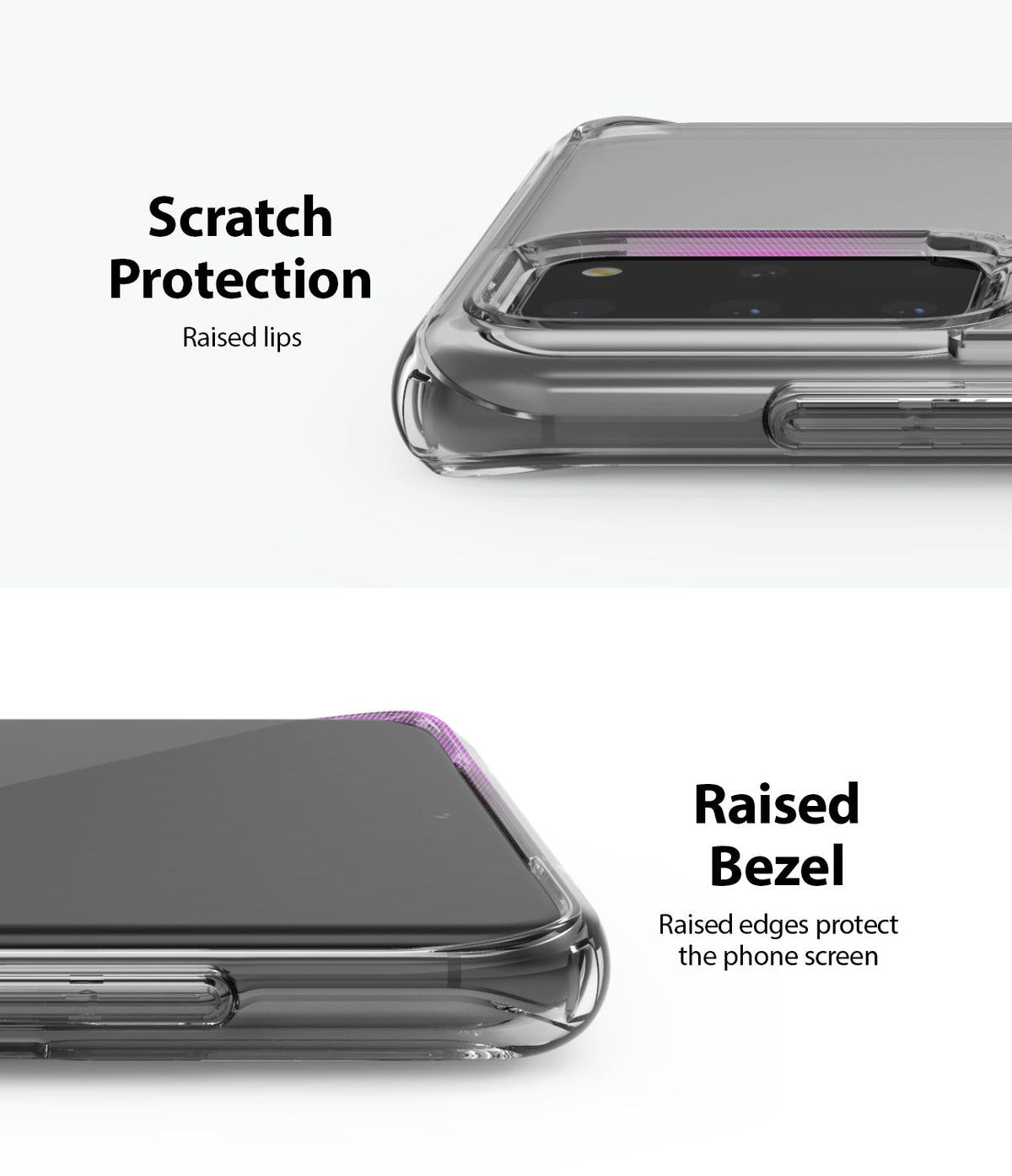 Galaxy S20 Plus Case | Fusion Design - Clear phone case showing raised lips for camera and screen protection.