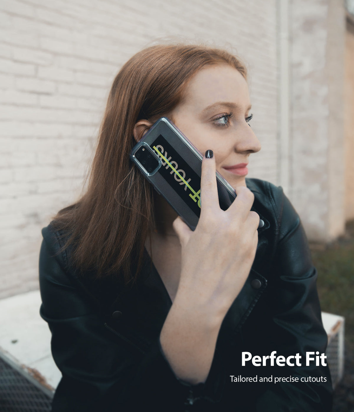 Galaxy S20 Plus Case | Fusion Design - Woman holding a phone with a black and neon yellow case against her ear.