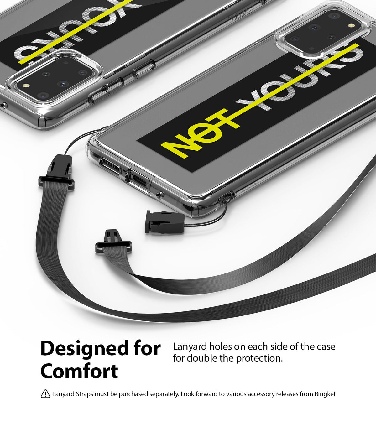 Galaxy S20 Plus Case | Fusion Design - Clear phone cases with "NOT YOURS" text and detachable black lanyard straps.