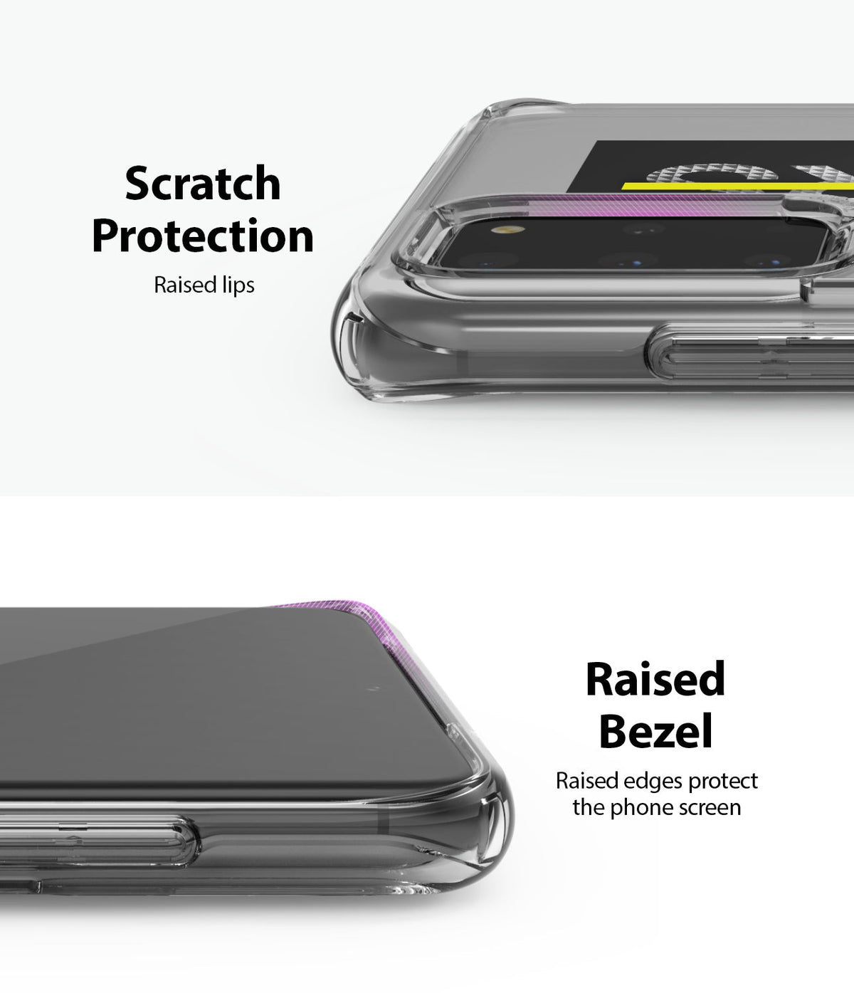 Galaxy S20 Plus Case | Fusion Design - Clear phone case showing raised lips for camera and screen scratch protection.