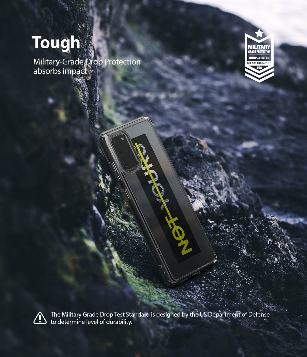 Galaxy S20 Plus Case | Fusion Design - Phone case with yellow text on rocky background and military-grade protection badge.