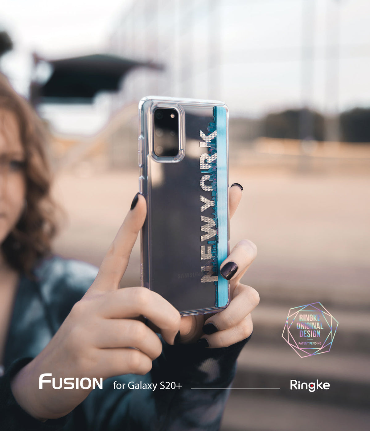 Galaxy S20 Plus Case | Fusion Design - Clear phone case with New York skyline graphic held by a person outdoors.