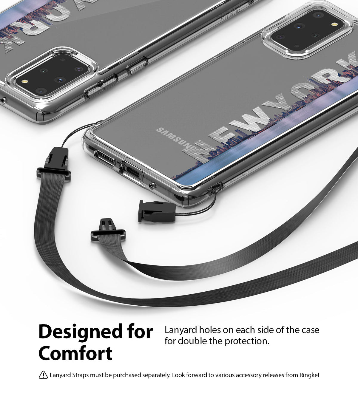 Galaxy S20 Plus Case | Fusion Design - Clear phone cases with New York skyline print and detachable black lanyards.