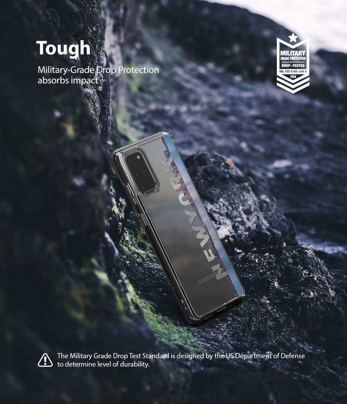 Galaxy S20 Plus Case | Fusion Design - Clear phone case with New York skyline graphic resting on dark, mossy rocks.