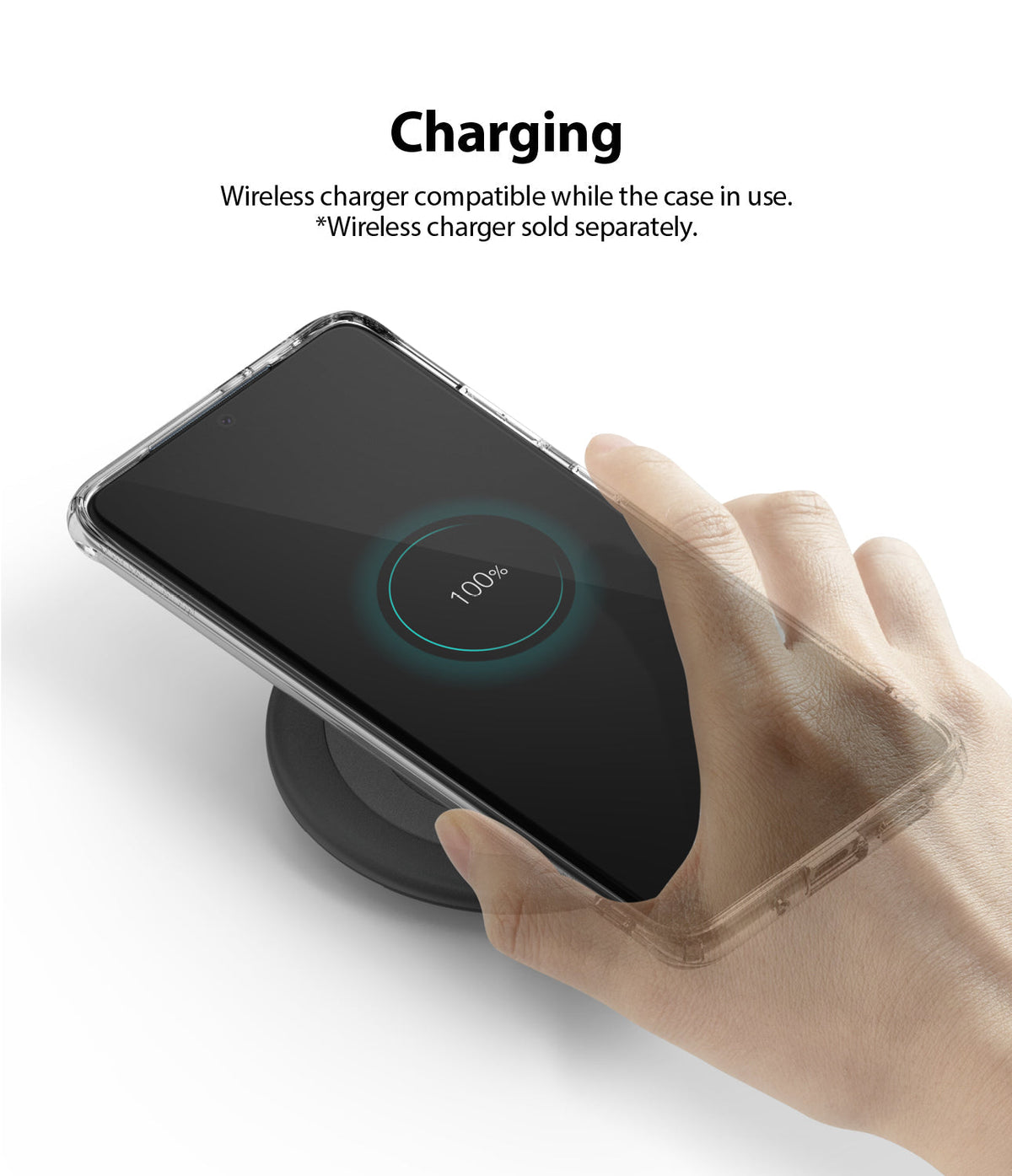 Galaxy S20 Plus Case | Fusion Design - A hand places a clear-cased Galaxy S20 Plus on a wireless charger showing 100% battery.