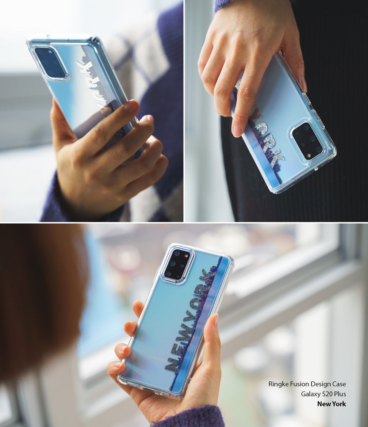 Galaxy S20 Plus Case | Fusion Design - Clear phone case with a New York skyline graphic held in a person's hand.