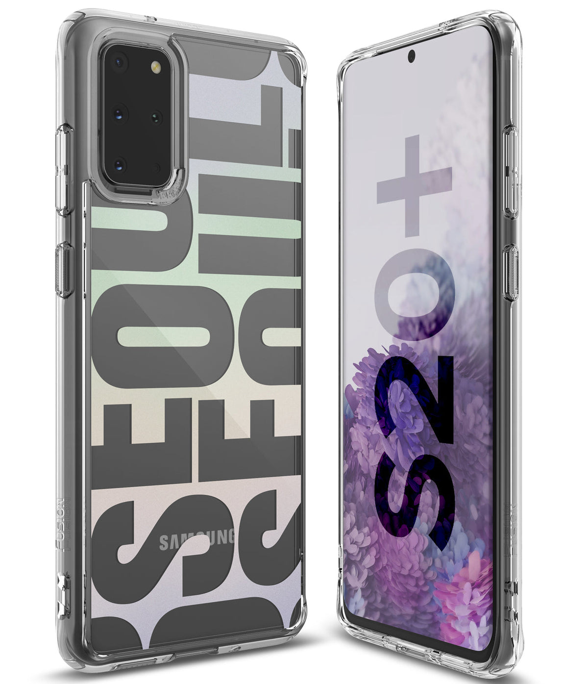 Galaxy S20 Plus Case | Fusion Design - Clear phone case with large SEOUL typography on a pastel gradient background.