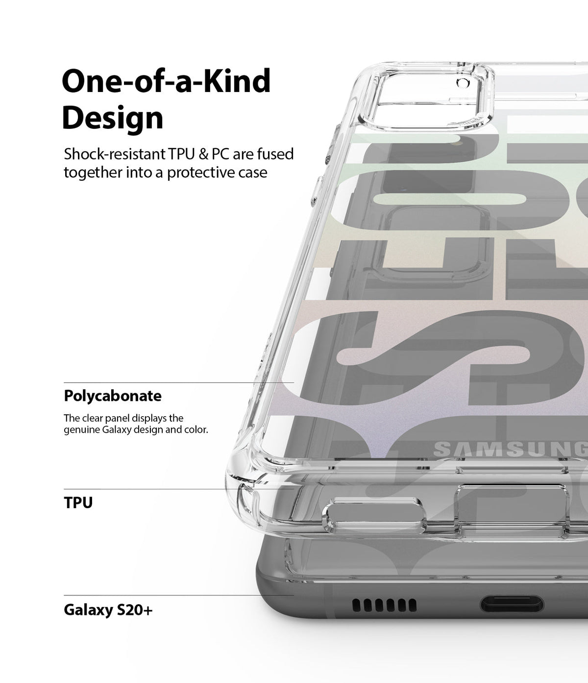Galaxy S20 Plus Case | Fusion Design - Clear protective phone case showing TPU and polycarbonate layers with text labels.