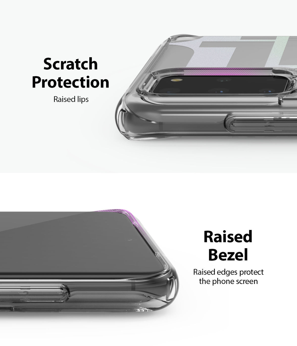 Galaxy S20 Plus Case | Fusion Design - Clear phone case showing raised lips for camera and screen protection.