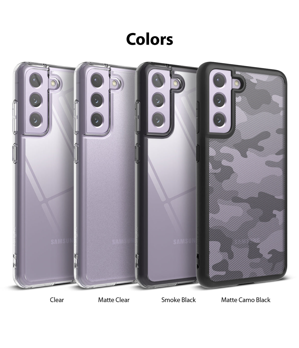 Galaxy S21 FE Case | Fusion - Four Galaxy S21 FE phone cases in Clear, Matte Clear, Smoke Black, and Matte Camo Black.