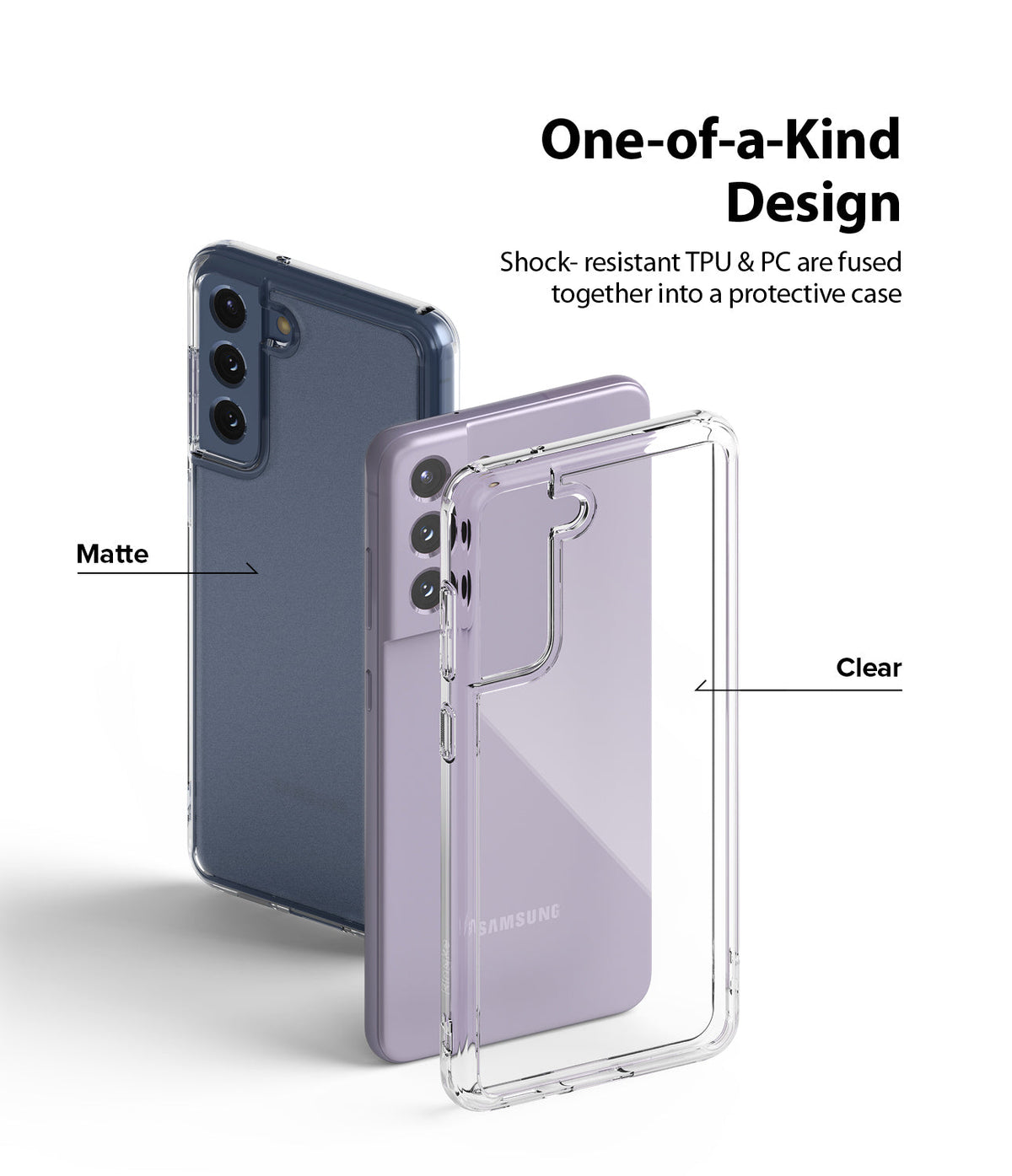 Galaxy S21 FE Case | Fusion - Exploded view of a phone case showing matte and clear layers protecting a lavender phone.