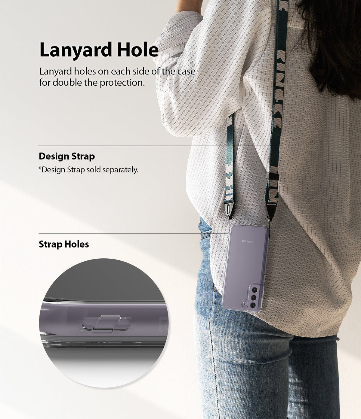 Galaxy S21 FE Case | Fusion - Person wearing a phone case with a lanyard strap, highlighting the integrated strap holes.