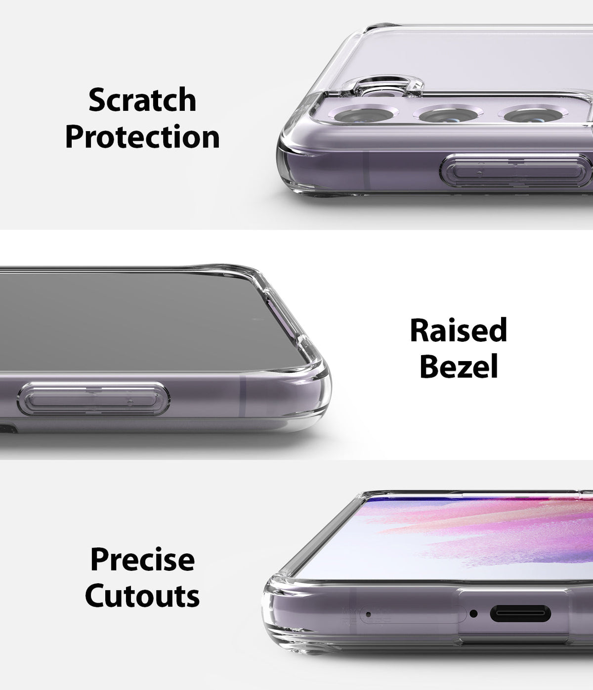 Galaxy S21 FE Case | Fusion - Three close-up views of a clear phone case highlighting camera protection, raised bezels, and port cutouts.