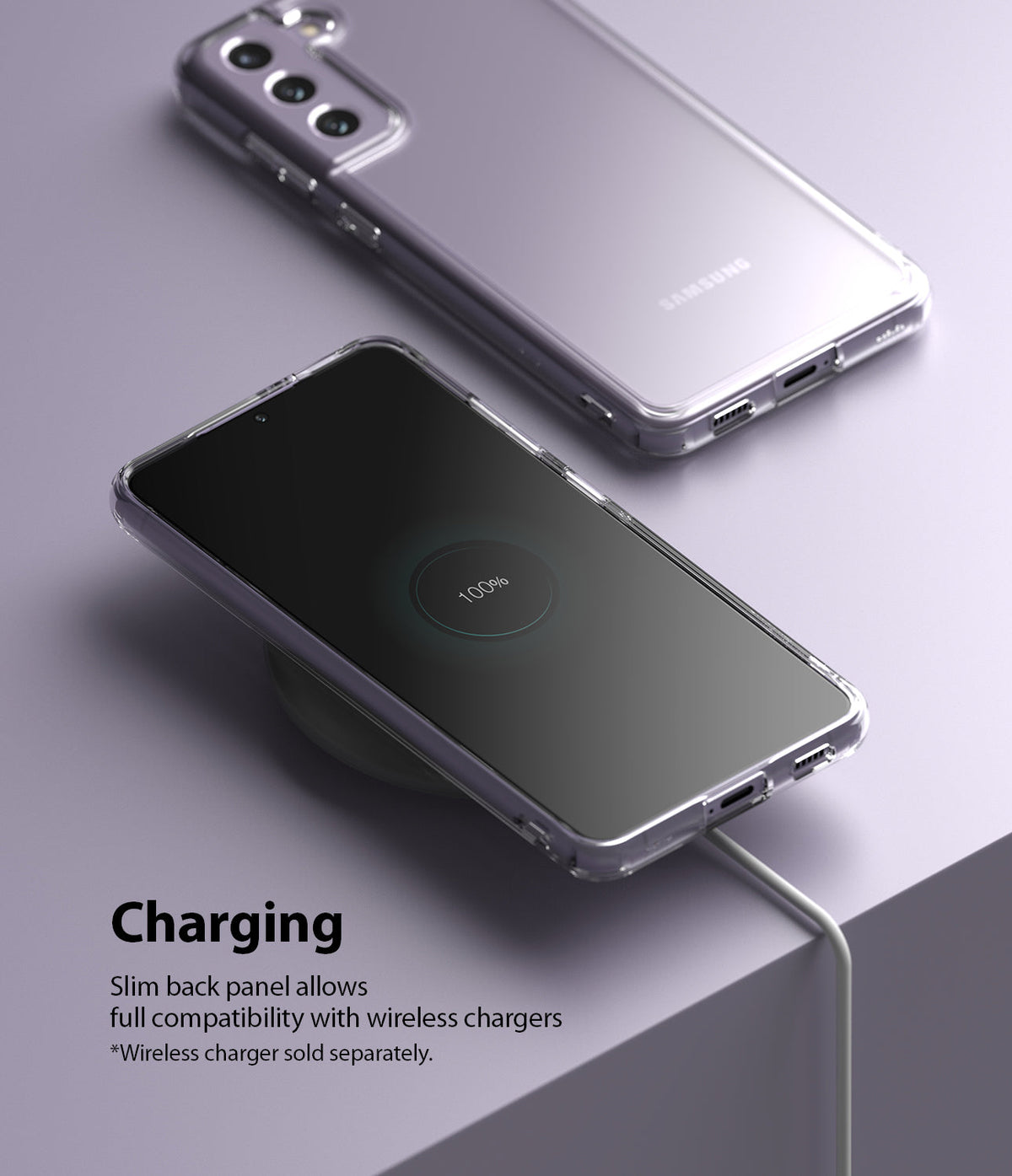 Galaxy S21 FE Case | Fusion - Clear phone case on a Galaxy S21 FE wirelessly charging with 100% battery displayed.