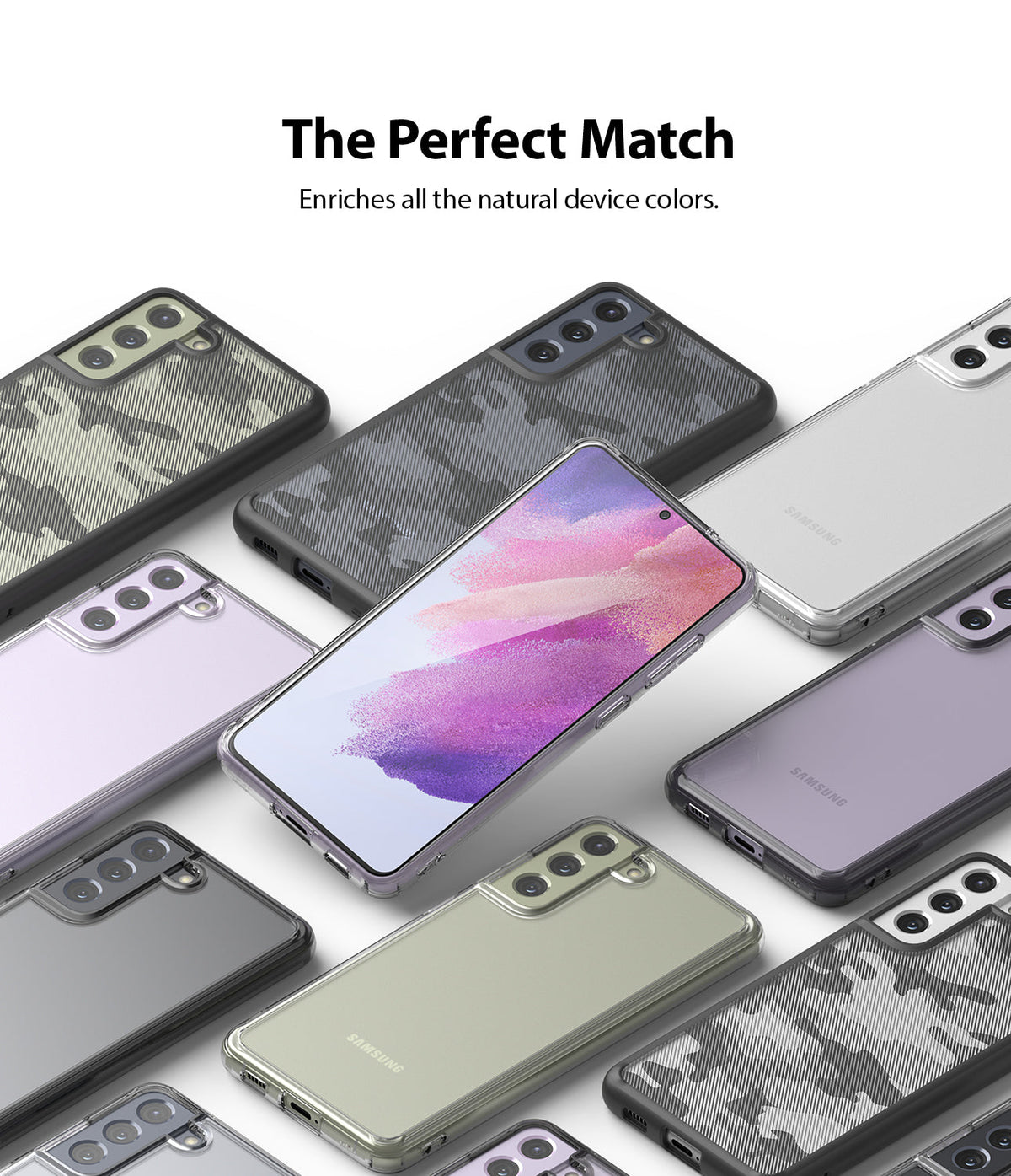 Galaxy S21 FE Case | Fusion - Multiple Galaxy S21 FE phones in various clear and patterned protective cases arranged on white.