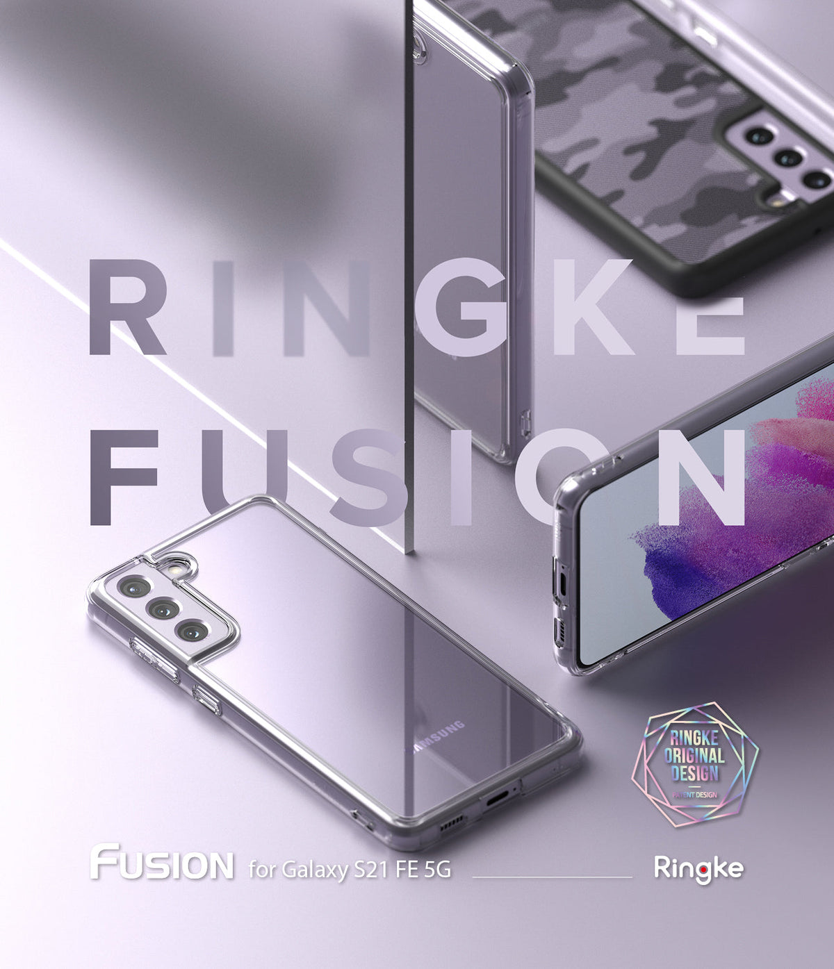 Galaxy S21 FE Case | Fusion - Clear phone cases displayed on a purple surface with reflections and Ringke branding.