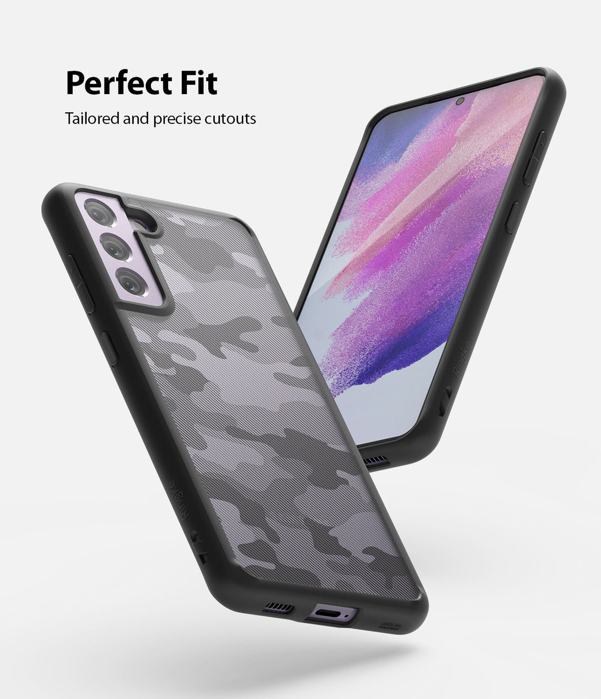 Galaxy S21 FE Case | Fusion - A Galaxy S21 FE in a black camo Fusion case showing precise cutouts and a perfect fit.