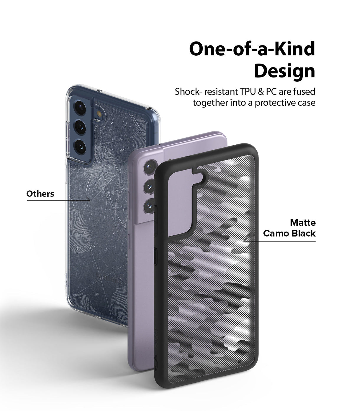 Galaxy S21 FE Case | Fusion - Comparison of a scratched clear case and a durable Matte Camo Black Fusion case.