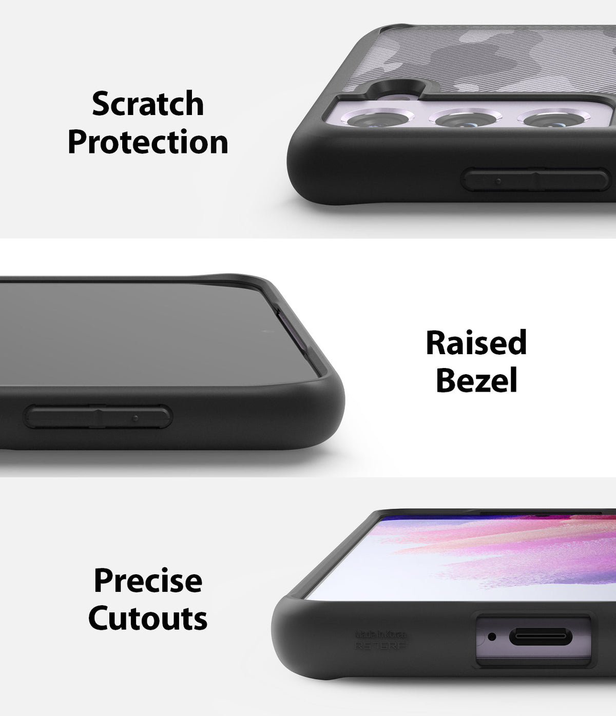 Galaxy S21 FE Case | Fusion - Three close-up views showing scratch protection, raised screen bezels, and precise port cutouts.