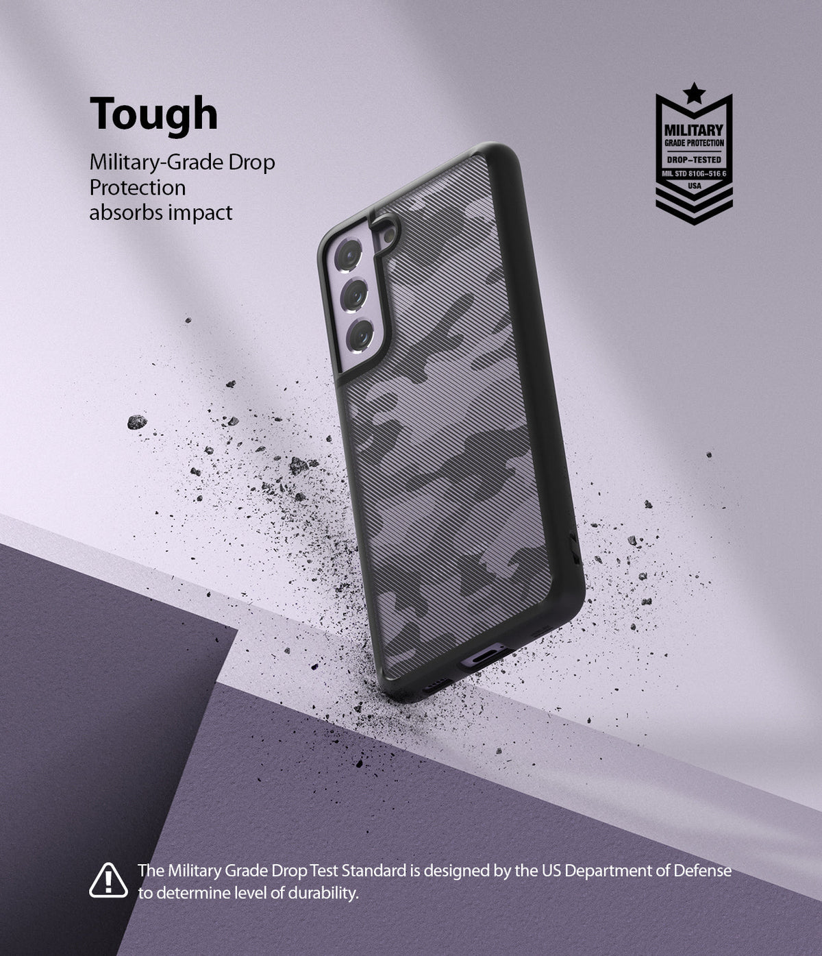 Galaxy S21 FE Case | Fusion - Camouflage phone case with military-grade drop protection floating over a textured surface.