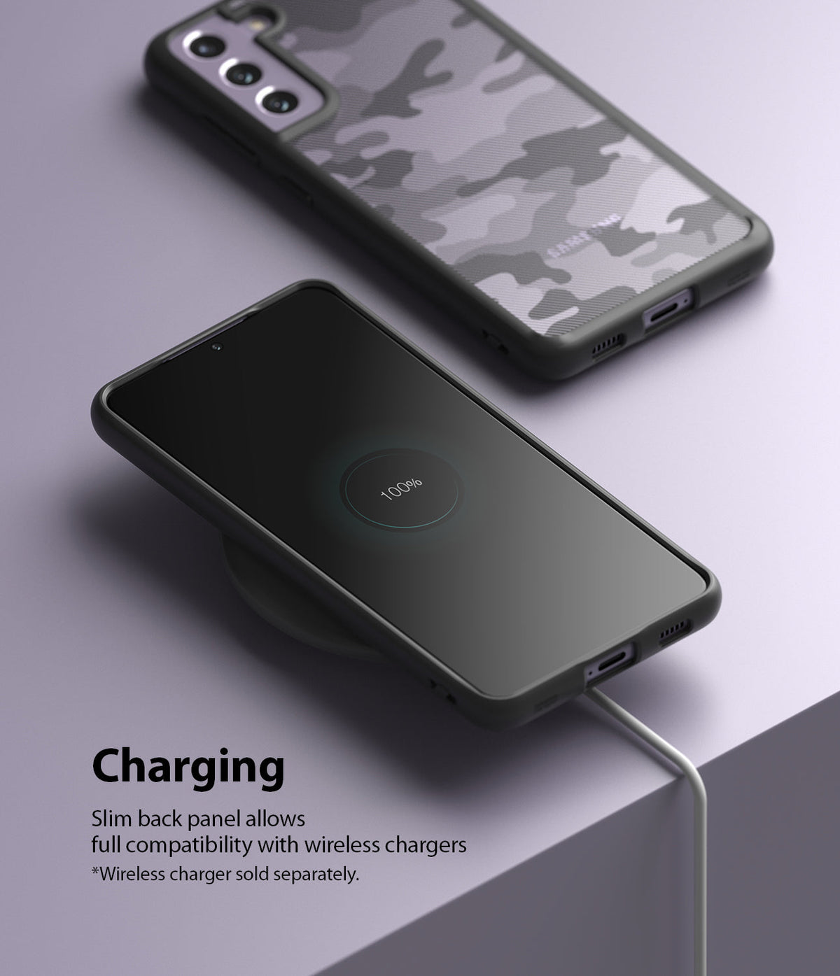 Galaxy S21 FE Case | Fusion - Phone with camo case charging wirelessly on a pad next to another phone in the same case.